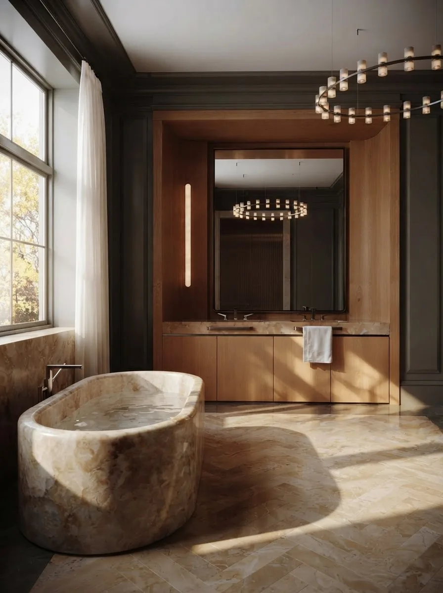 Classic Parisian bathroom with dark wood paneling, a honey onyx freestanding tub, a herringbone marble floor and a round chandelier, with no Halloween decor