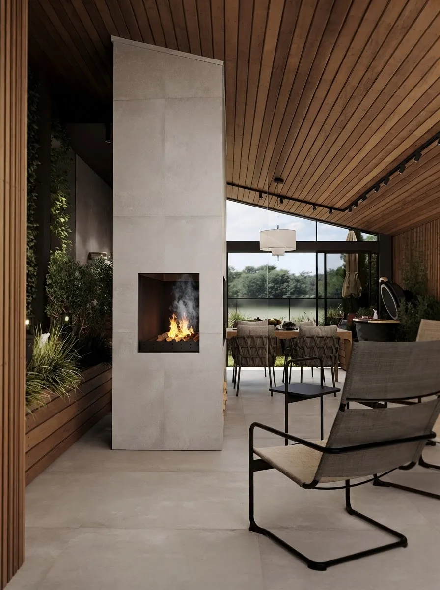 Sunroom with a slatted timber ceiling, a built in fireplace, full height sliding glass and a lake view, furnished with woven chairs and a dining table