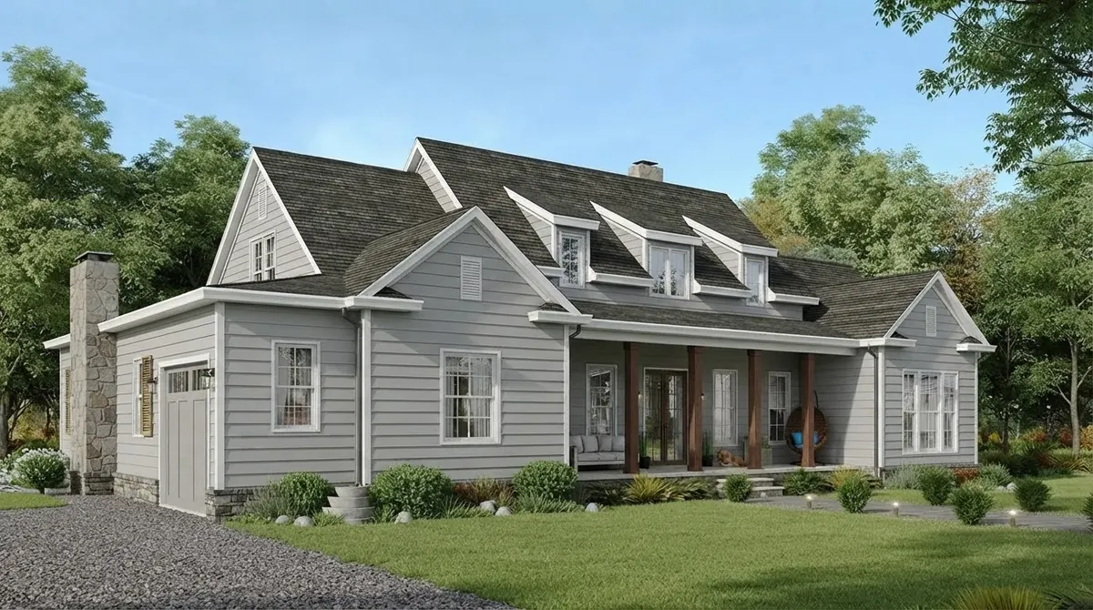 Starting photo: a cape style house with light gray lap siding, white trim, three dormers, a stone chimney, a covered porch with wood posts and a gravel drive