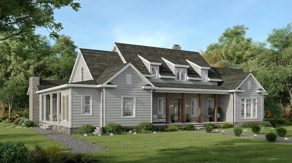 Cape style house with light gray lap siding, white trim, three dormers, a stone chimney and a covered porch, seen from the front across the lawn