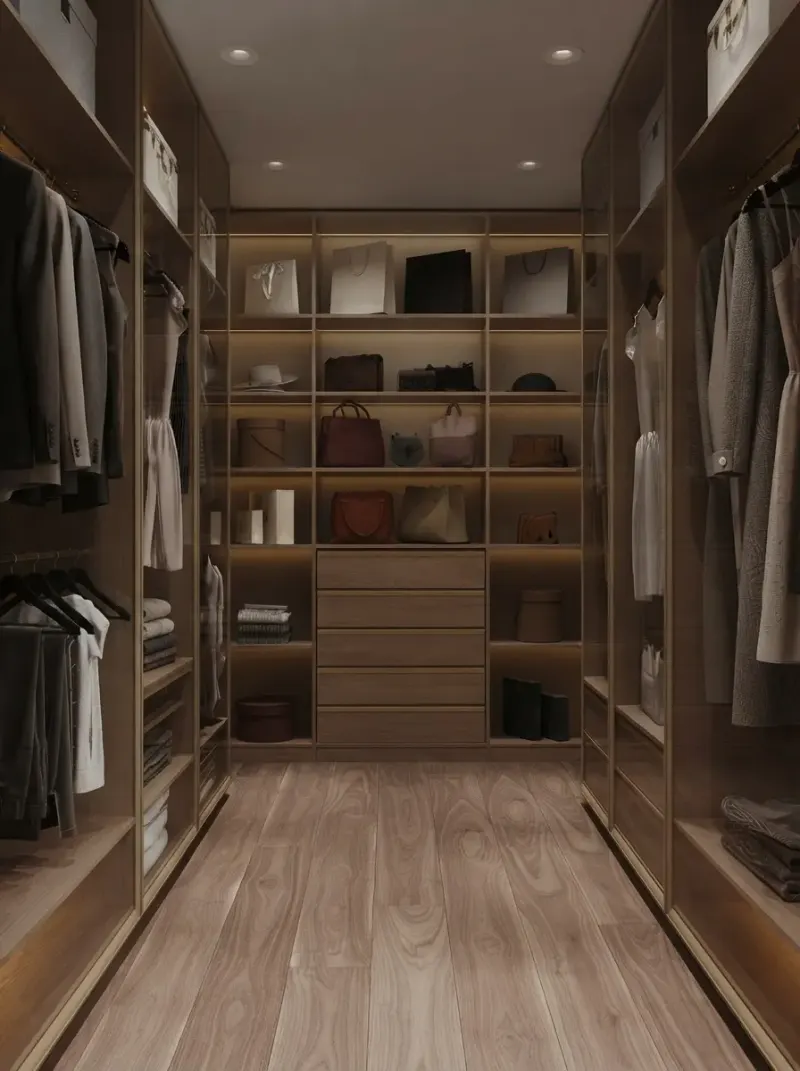 Closet designed with MeltFlex AI: Light Oak Walk-In with Window Seat