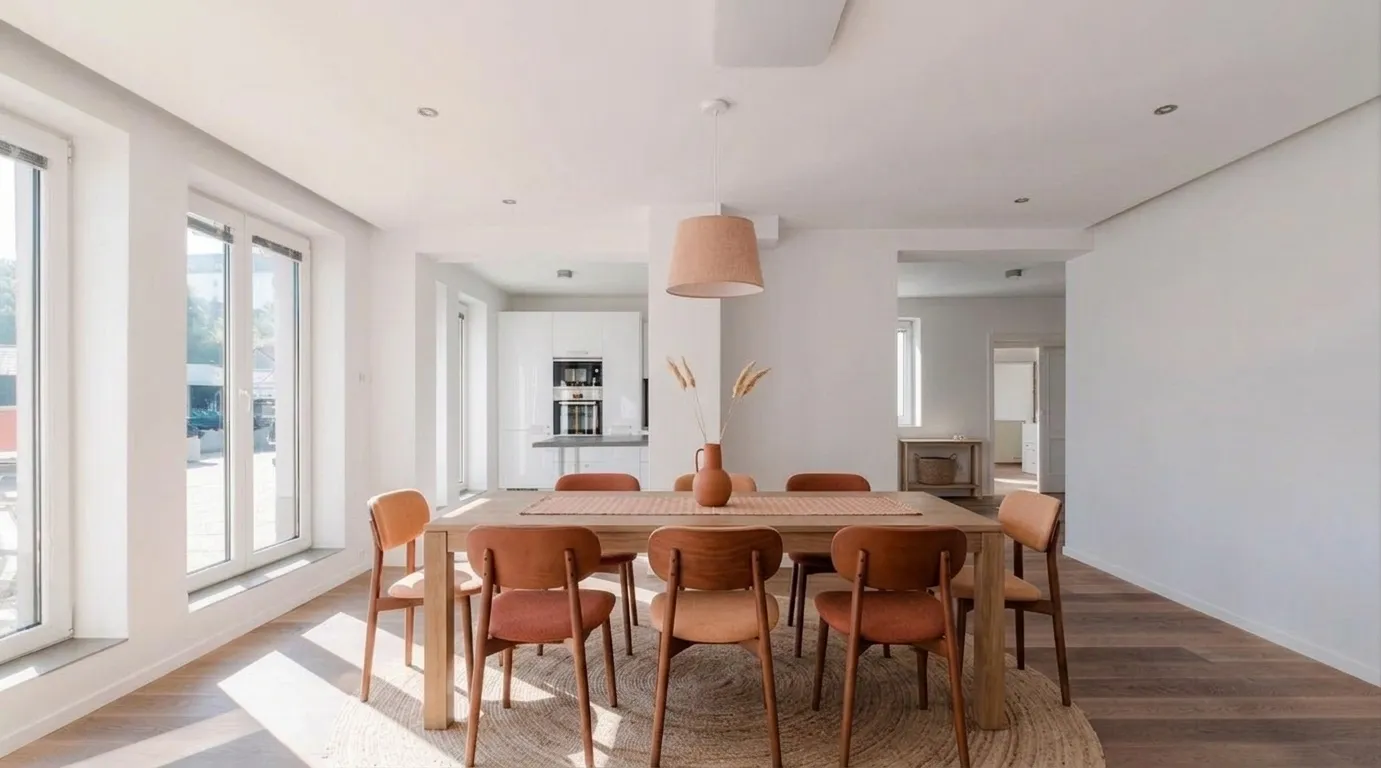 AI-designed dining area with terracotta leather chairs and solid wood table — showing real shoppable products with prices