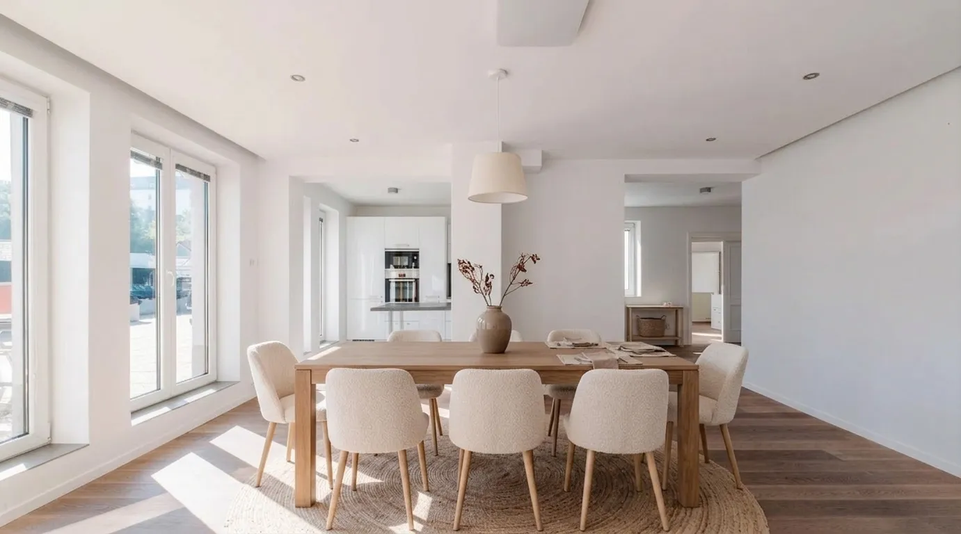 Premium living room with bouclé dining chairs, solid oak table, designer pendant light, and natural fiber rug — approximately $8,000 budget