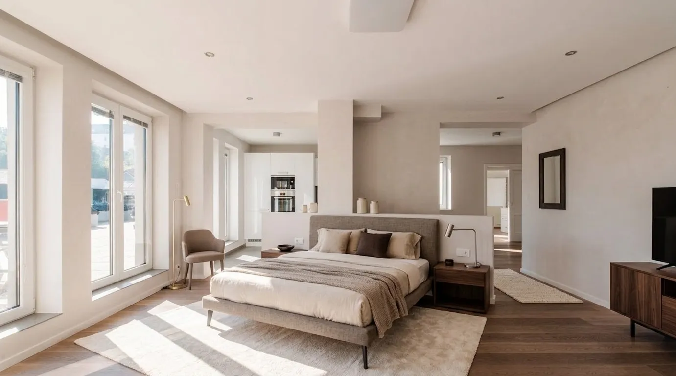 AI-designed bedroom with king bed, walnut nightstands, and designer reading lamp — showing how the same empty room can become different spaces