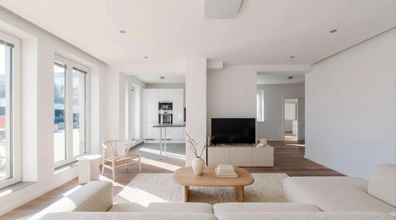 Minimalist living room furnished on a budget — white sofa, light wood coffee table, TV console, and natural rug in an open-plan space