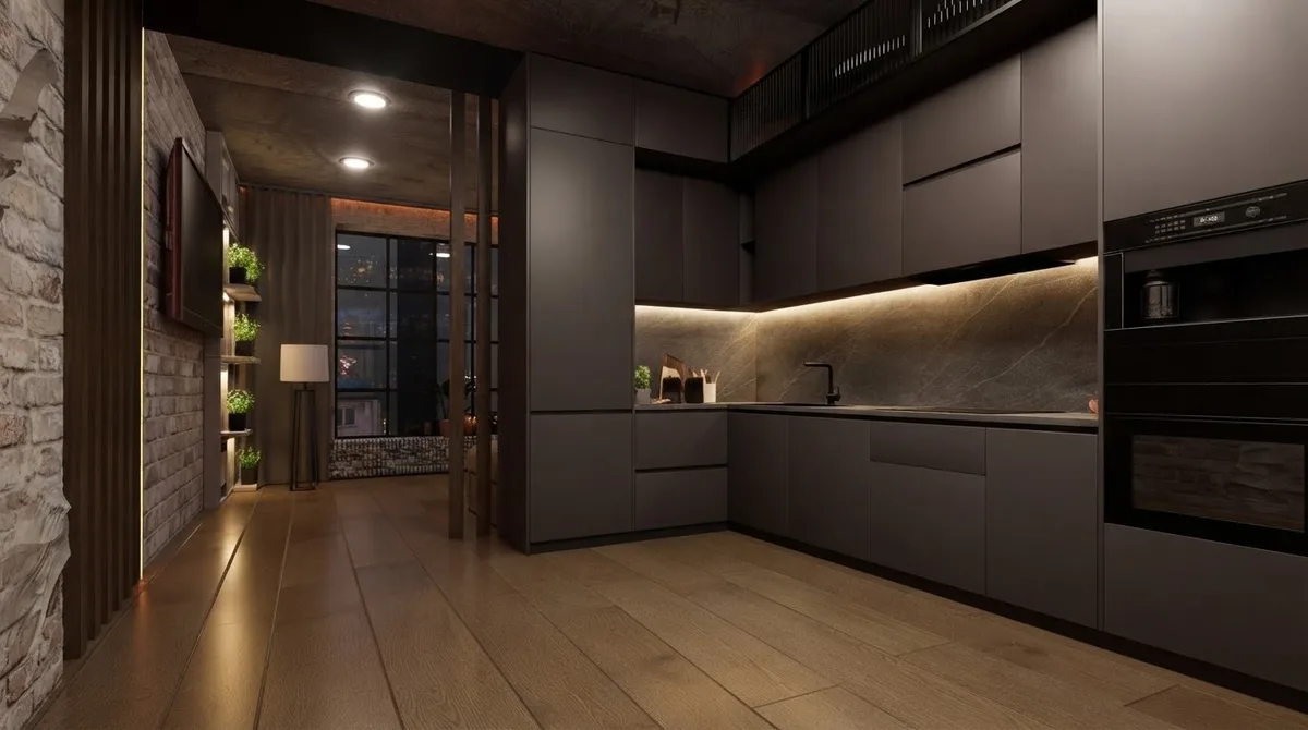 Dark urban loft kitchen with charcoal microcement walls, a stone splashback, black cabinets, a wood floor and tall steel framed windows glowing at dusk