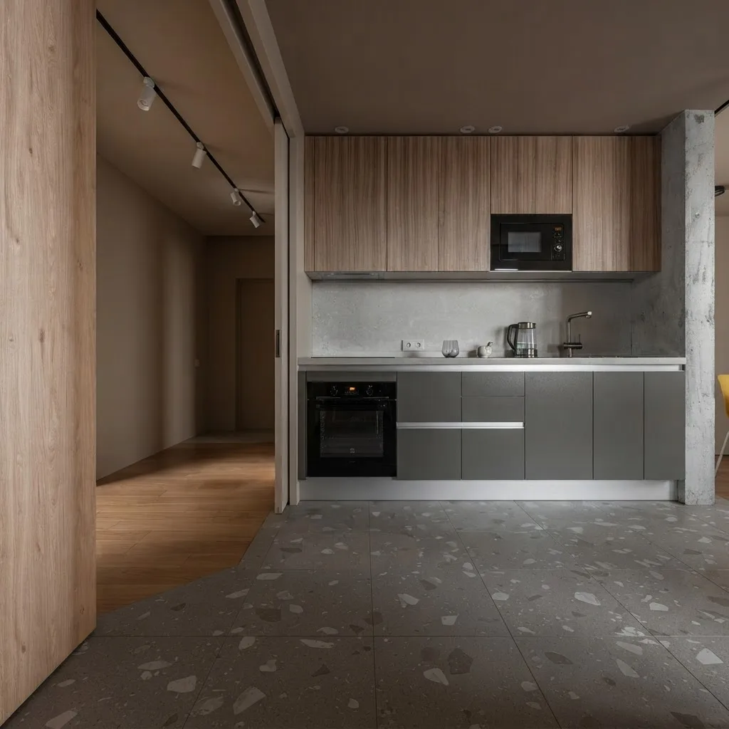 Small apartment with a one wall kitchen in grey and oak cabinets with a built in oven and microwave, terrazzo floor, and an oak framed opening to a hallway with track lighting