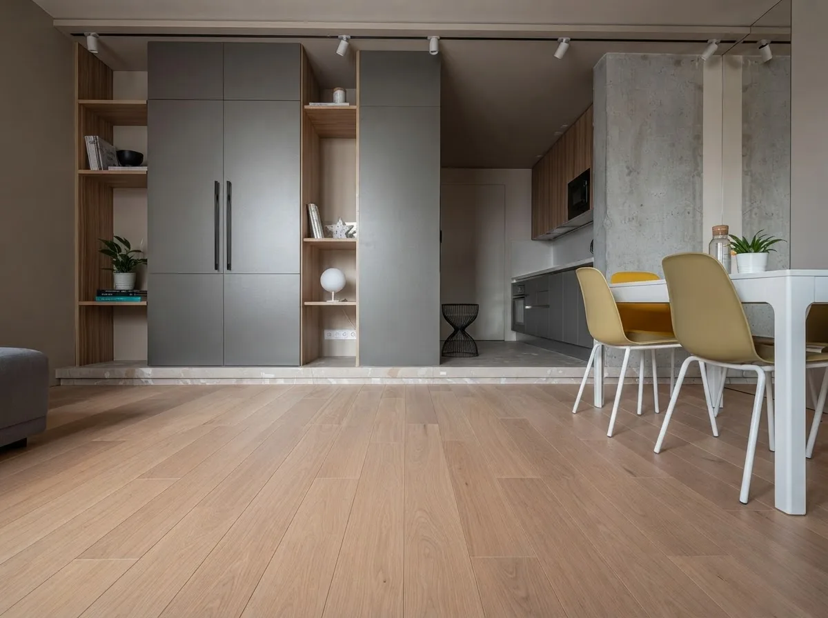 Apartment hallway where a grey microcement floor meets a light oak wood floor in a straight line, grey wardrobe doors on the left and the kitchen beyond