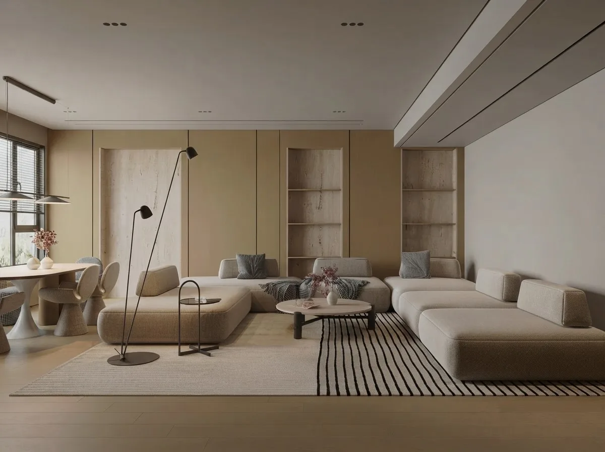 Minimal beige living room with a low modular sofa, a round travertine coffee table, a black double floor lamp and a striped rug