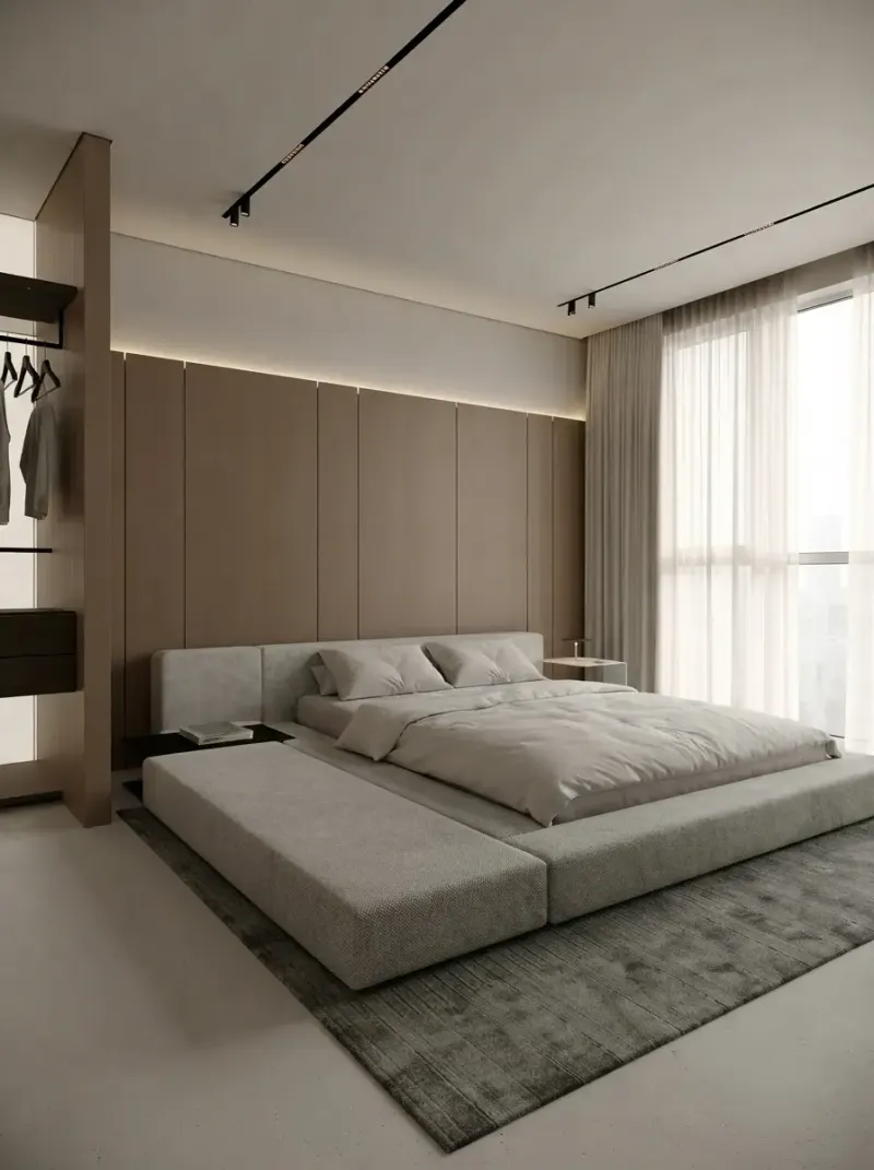 Bedroom designed with MeltFlex AI: Minimal Oak Bedroom Wardrobe