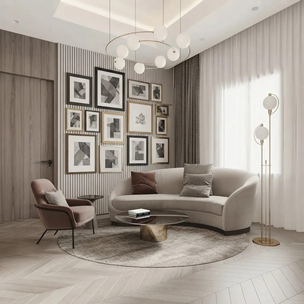 Grey lounge with a curved cream sofa and fluted wall panels under a gallery wall of black and white prints in mixed black, oak and brass frames