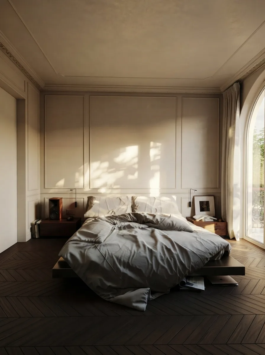 Bedroom in the same apartment with a low platform bed, crumpled grey linen, panelled cream walls, a dark herringbone floor and hard sunlight falling across the panelling