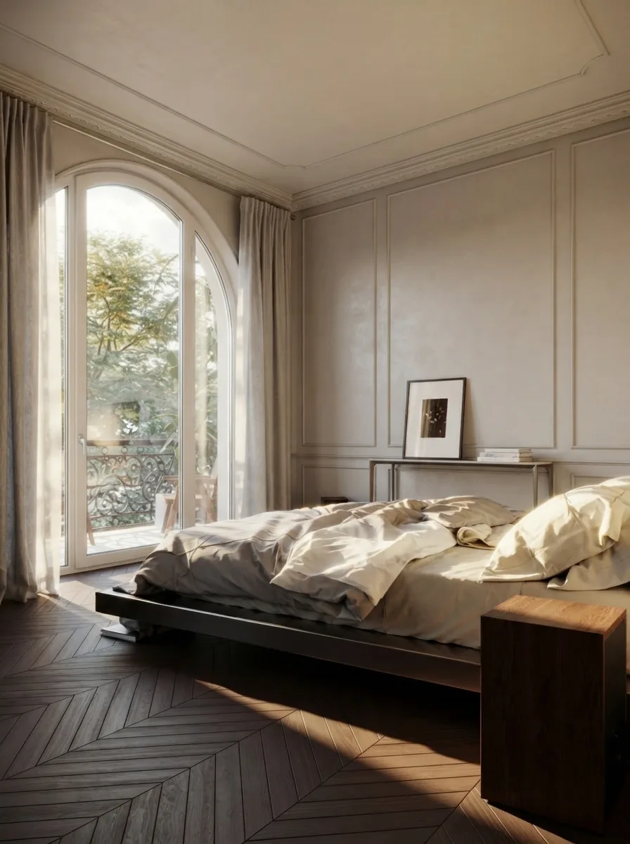 Bedroom with a low dark timber bed, cream bedding, panelled walls and a tall arched window with sheer curtains looking onto trees