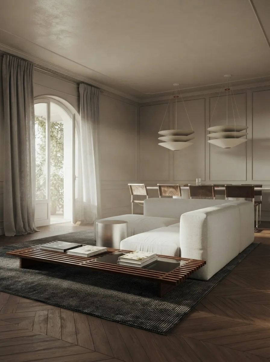 Living room with a white modular sofa on a dark rug, a low slatted timber coffee table, a dining area behind and tall curtained arched windows