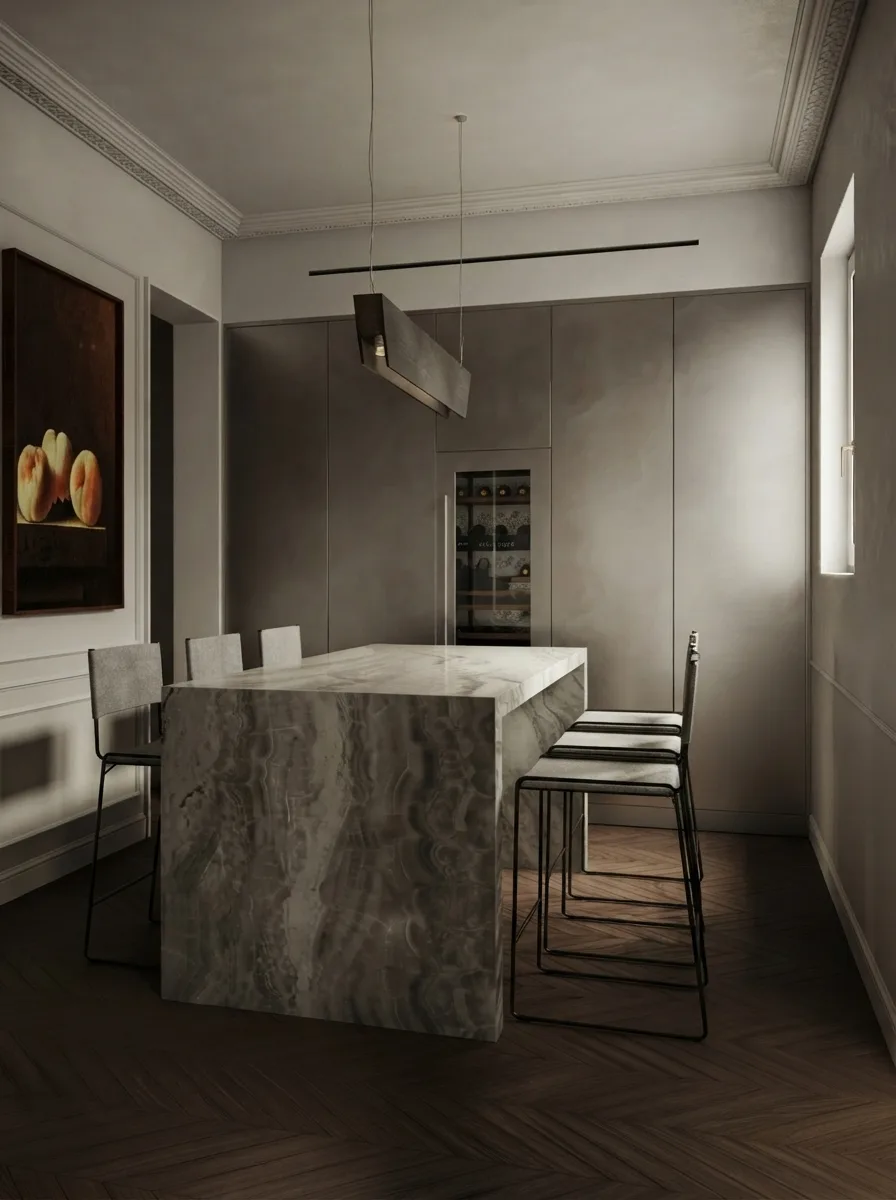 Kitchen in the same apartment with a heavy veined stone island, thin metal stools, a linear pendant, a wine fridge and a framed artwork on the left wall