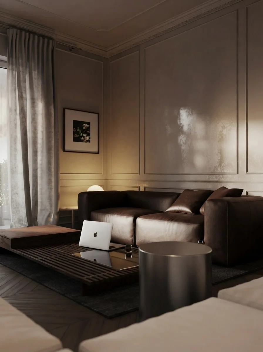 Dark living corner with a brown leather sofa, a low slatted table with a laptop on it, panelled walls and a curtained window with warm evening light
