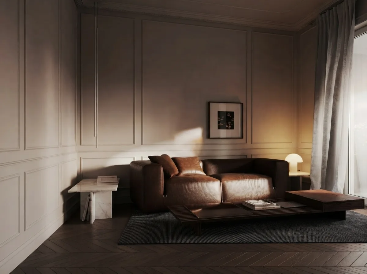 Brown leather sofa on a dark rug in a panelled room with a framed picture above it and light falling through a curtain from the right