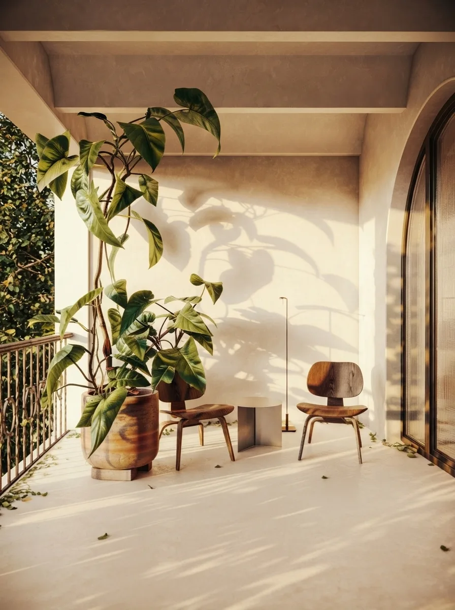 Sunlit balcony with a large potted monstera, two low timber chairs, terracotta plaster walls and an arched doorway with an iron balustrade