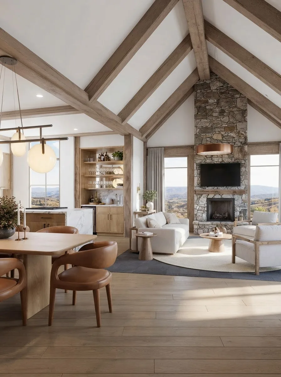 Barndominium great room with the ceiling open to exposed timber trusses, a floor to ceiling stone fireplace, a pale sectional, an open kitchen along the back wall and a dining table in the foreground