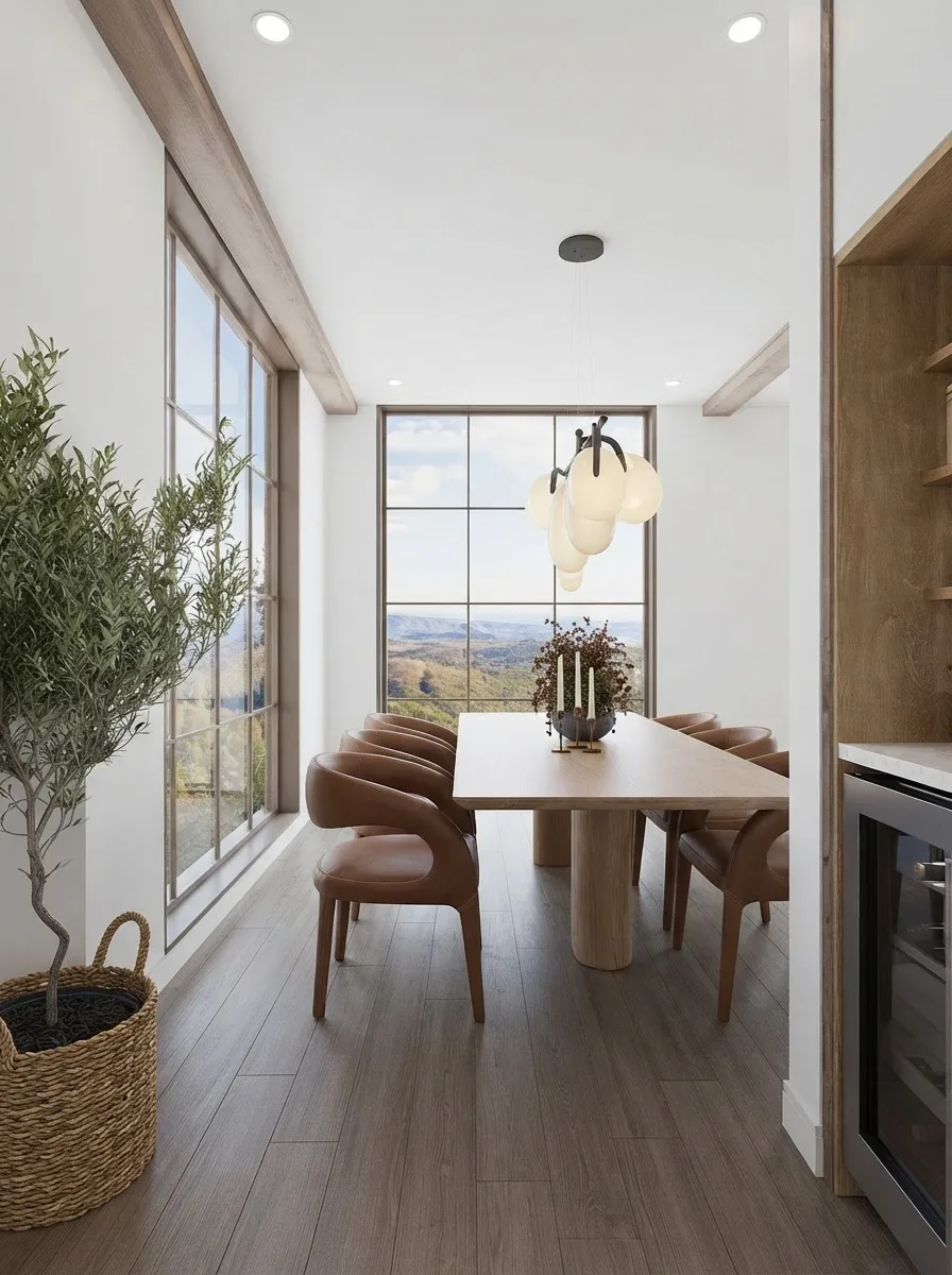Barndominium dining area in front of a tall black framed grid window wall with views of open countryside, a pale timber table, leather chairs and an olive tree in a basket