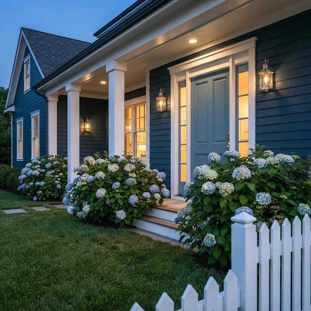 Close view of a navy blue lap sided porch with white columns, a pale blue front door, a brass lantern and white hydrangeas at the steps