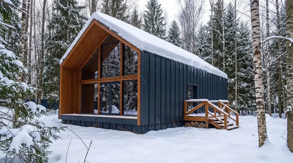 Navy blue board and batten cabin in a snowy birch forest with a cedar framed glass gable and timber deck stairs