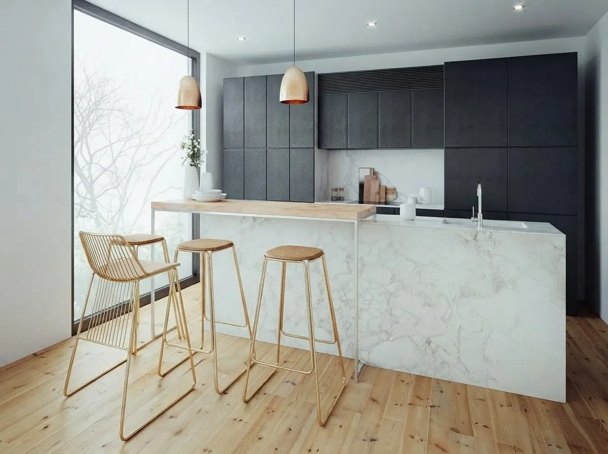 Kitchen with dark navy textured slab cabinets, a white marble island with a pale wood breakfast bar top, brass dome pendant lights, brass wire bar stools and a wide plank pine floor
