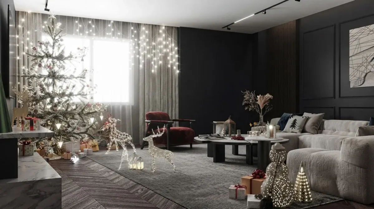 Navy panelled living room at dusk with a slim lit Christmas tree by a bright window, string lights hanging in the window, wire reindeer figures on a chevron floor, a burgundy armchair and a grey sectional sofa