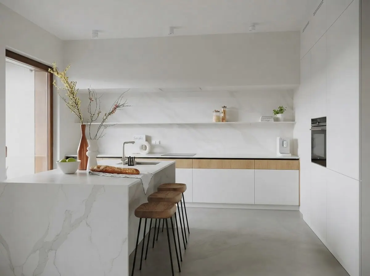 A Scandinavian white kitchen with a white marble waterfall island, a thin oak edge strip on the cabinets, open wall shelves and wooden bar stools