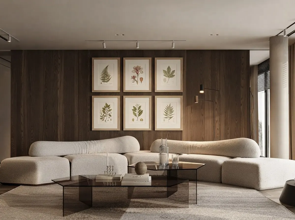 Living room with a cream boucle sofa under a symmetrical grid of six botanical prints in natural oak frames on a dark wood panelled wall