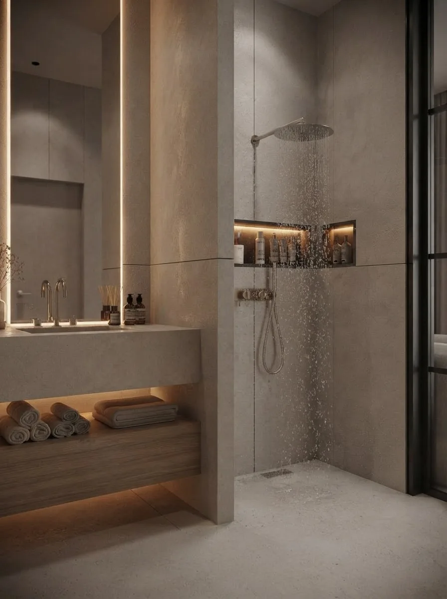 Walk in shower with warm microcement walls and floor, a rain head, a hand shower and two recessed niches lit from inside, oak slats on the adjacent wall