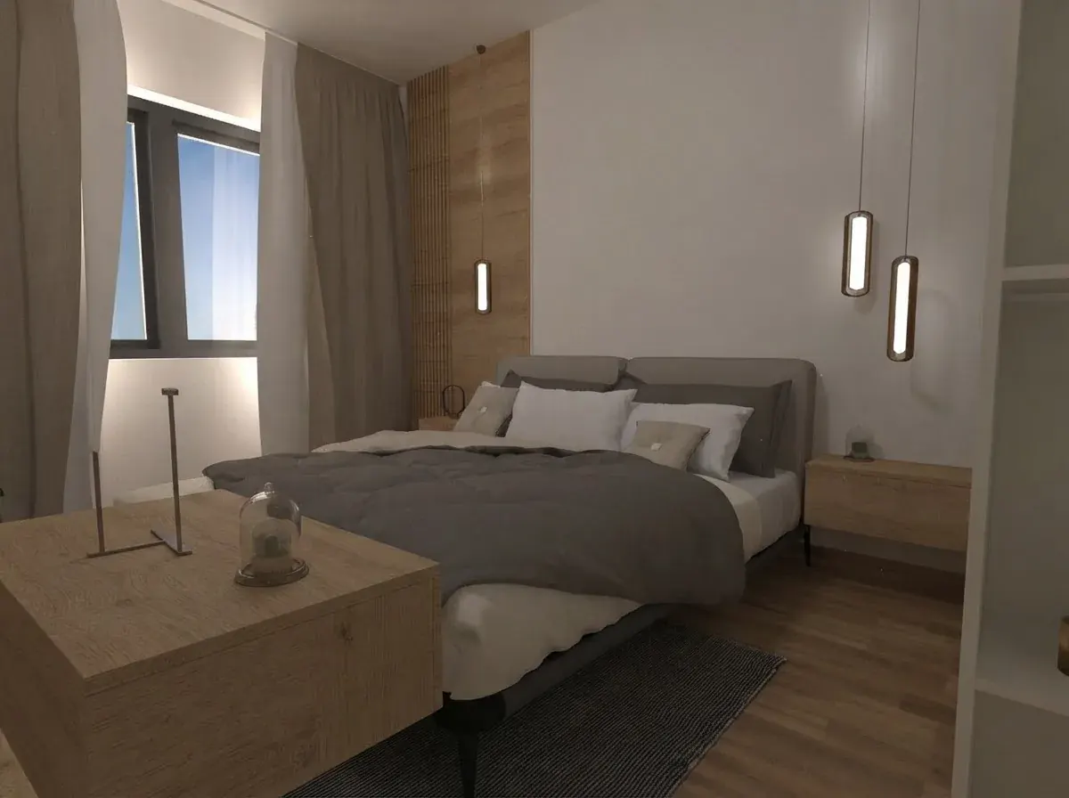A finished bedroom render with a grey upholstered bed, an oak wall panel beside it, two pendant lights hanging over the nightstand and a timber block bench in the foreground