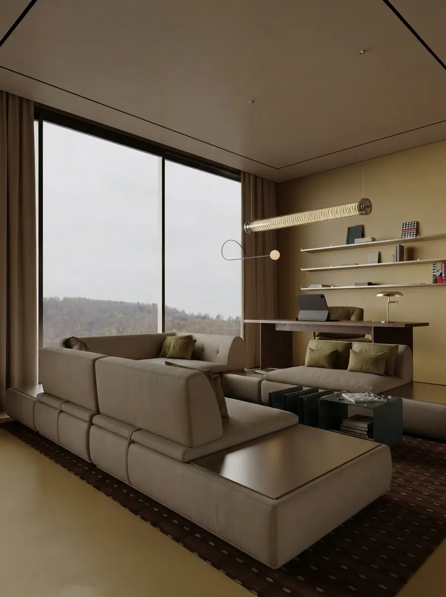 The same living room from the window side, showing the taupe modular sofa, a low glass table, a wall of floating shelves and the work desk behind the sofa