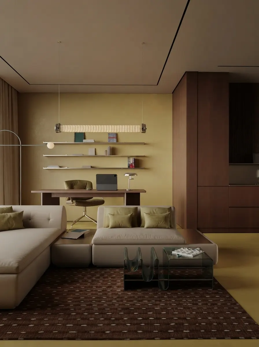 The living room seen toward the open kitchen, with the sofa in the foreground, the desk and shelving on the left and dark timber kitchen units beyond