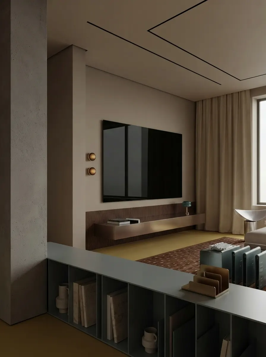 Media wall in the same apartment with a large flat television on a dark timber panel, low closed storage below and an olive floor running through