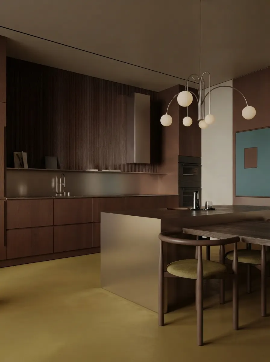 Closer view of the dark timber kitchen with integrated ovens, a bronze island with a dining table attached and a globe pendant above it