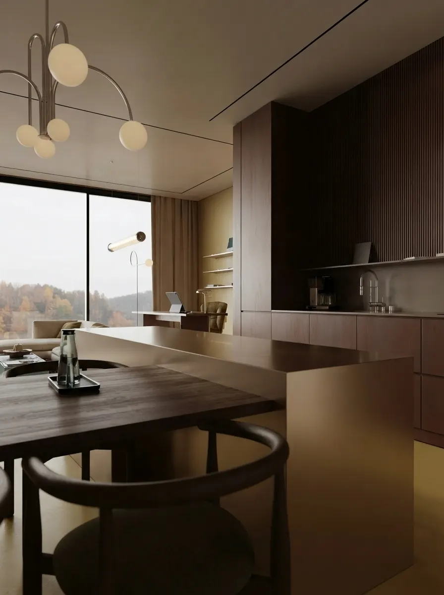 The kitchen and dining table seen from the living room side, with a window onto autumn hills, dark cabinetry and a work corner beyond