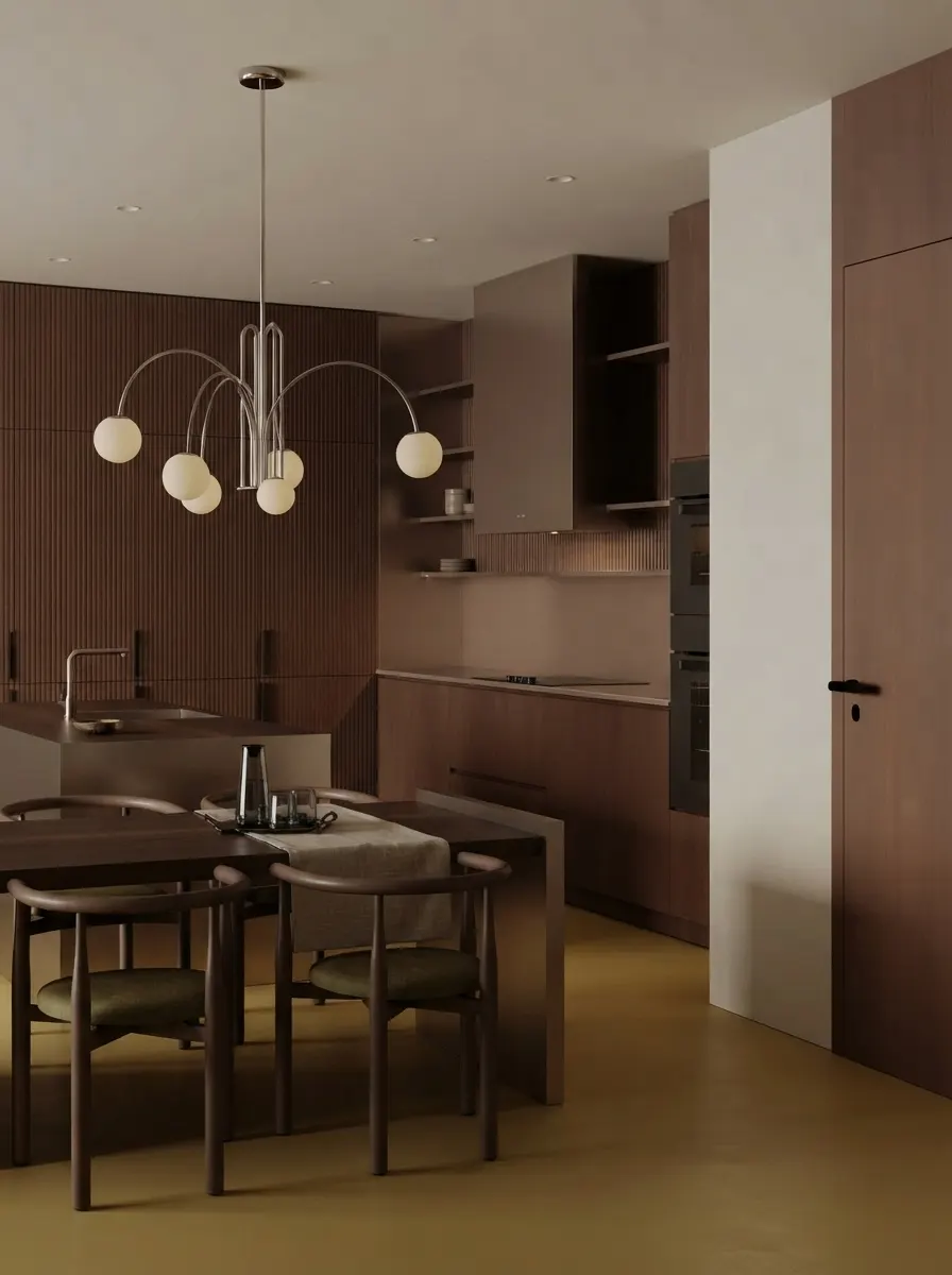 Compact kitchen view with dark fluted cabinetry, a bronze counter, a globe pendant and a small dining table with olive upholstered chairs