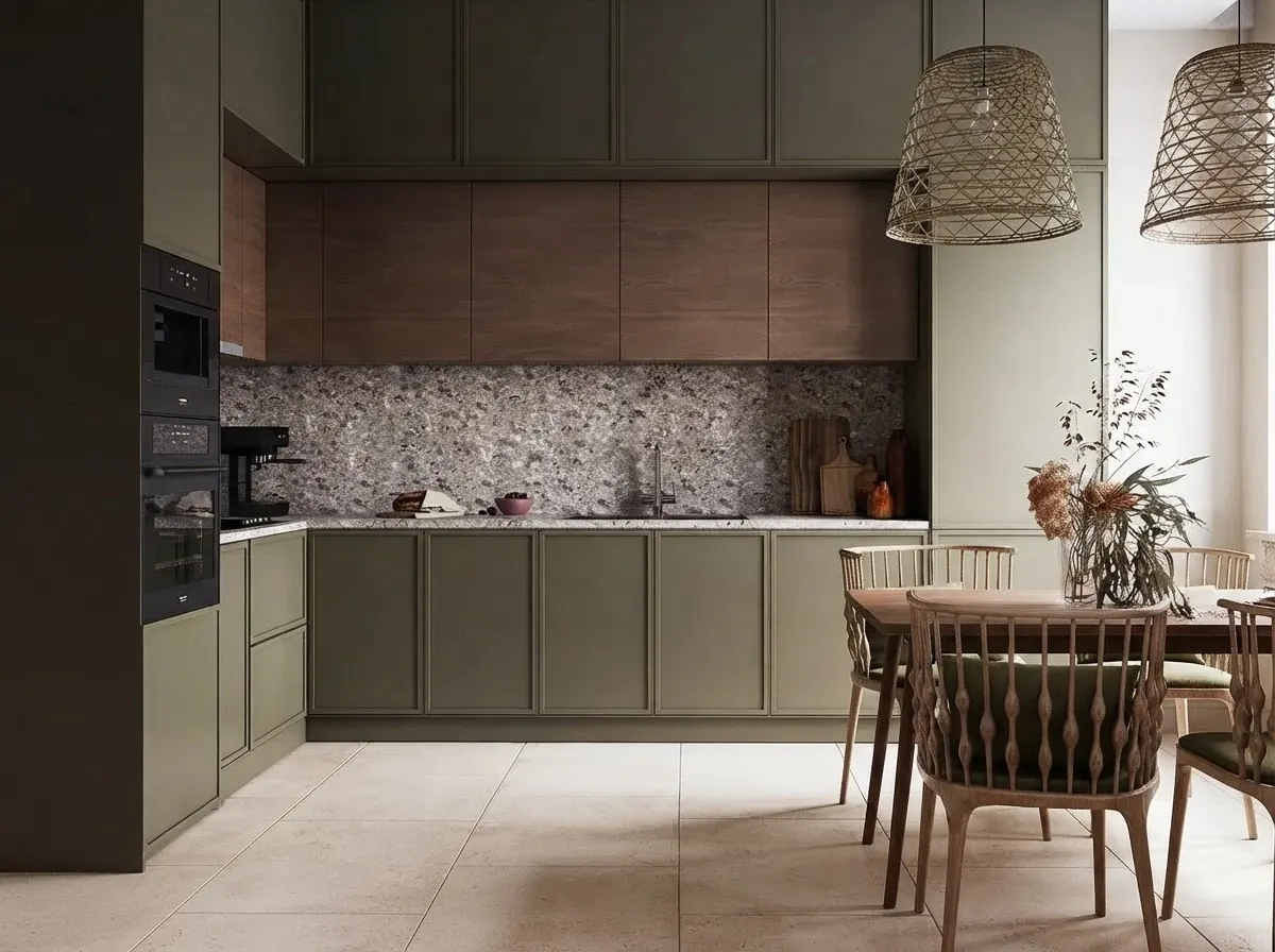 Kitchen with olive green shaker style lower and upper cabinets, a band of walnut wood wall cabinets, a speckled stone backsplash, woven rattan pendant lights and a small wooden dining table