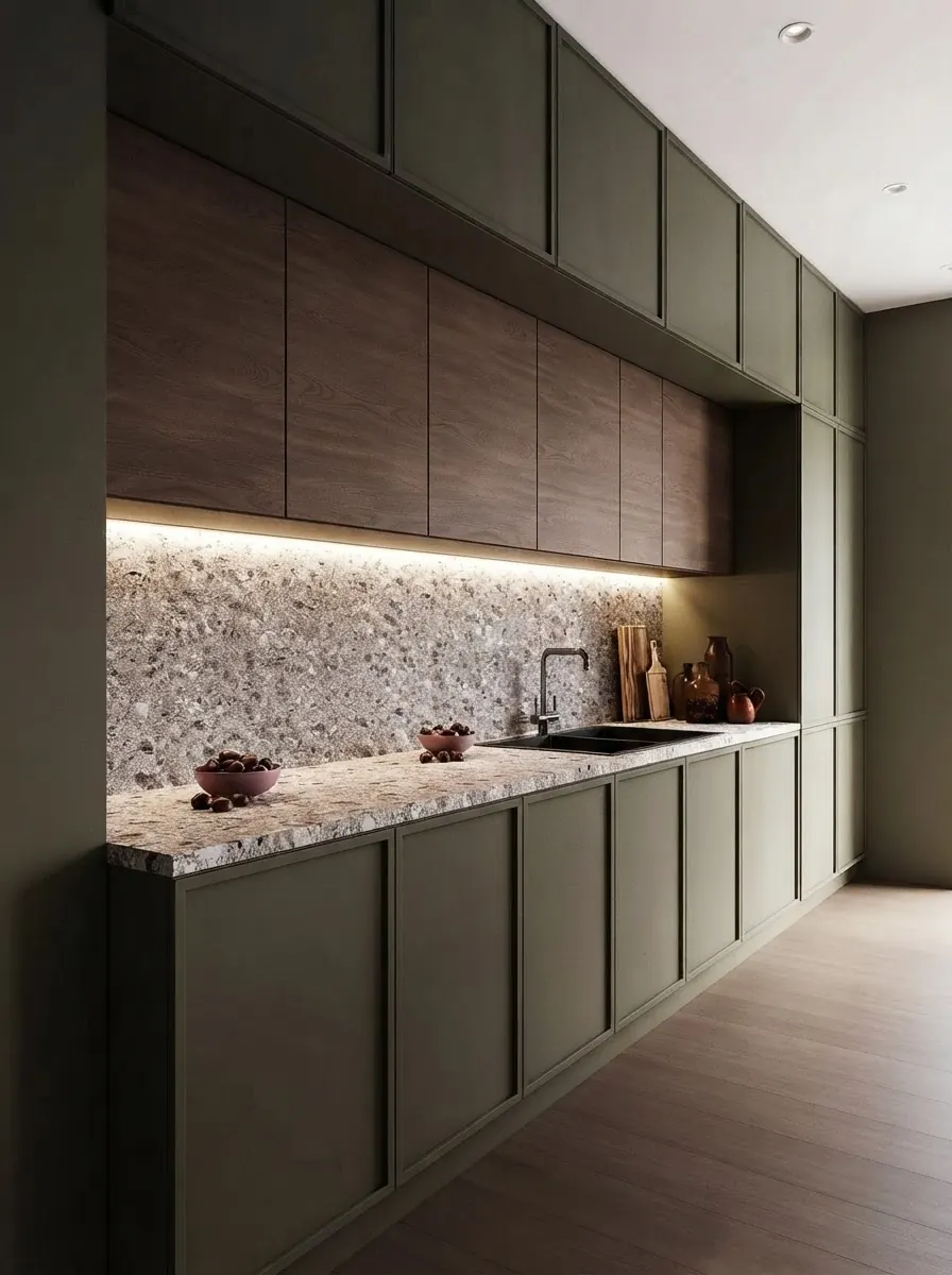Kitchen with olive green painted shaker base cabinets, dark walnut wood upper cabinets with under cabinet lighting and a terrazzo countertop and backsplash