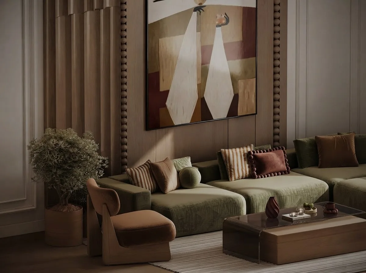 Quiet luxury living room with olive velvet seating and warm plaster walls, a render from the MeltFlex gallery