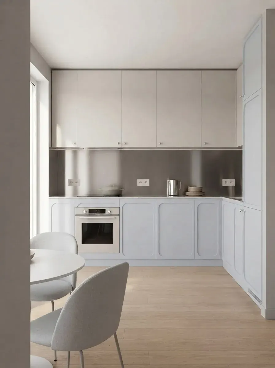 Compact L shaped kitchen with pale blue panelled cabinets, a stainless steel backsplash, a built in oven and a small white table with two chairs in the foreground