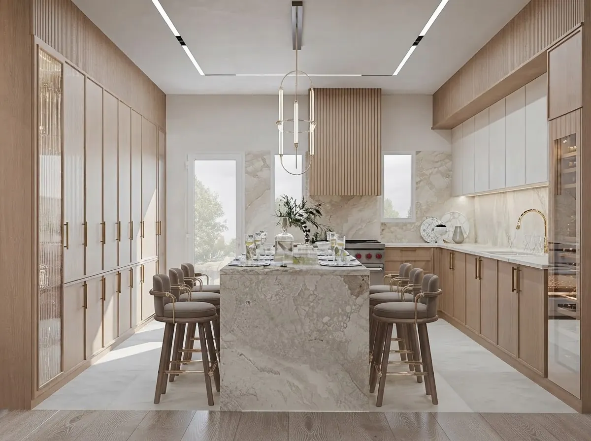 Kitchen with floor to ceiling oak and glass cabinets, a veined stone waterfall island with five upholstered bar stools, a brass faucet, a slatted wood hood and two windows