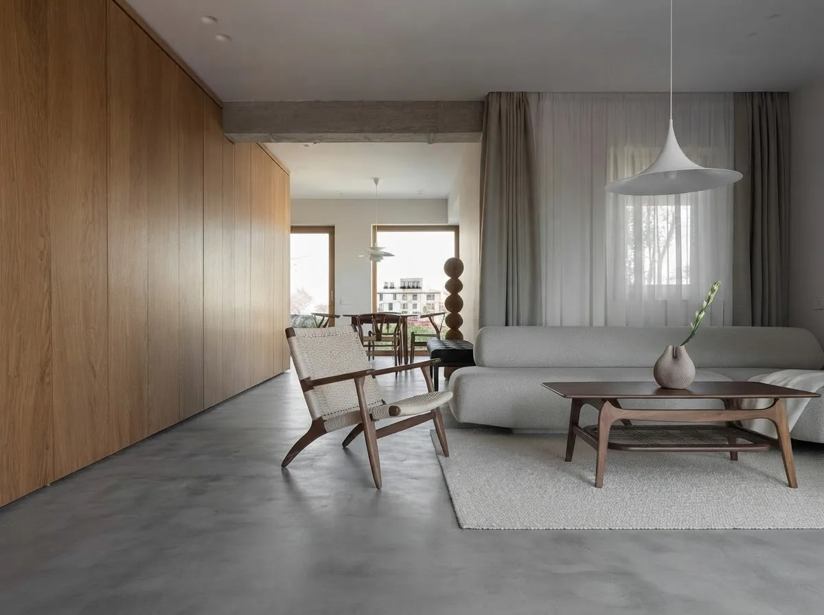 Pale Scandinavian apartment with a full height oak panelled wall, a polished concrete floor, a low light grey sofa, a wooden lounge chair with a woven seat and a white pendant lamp