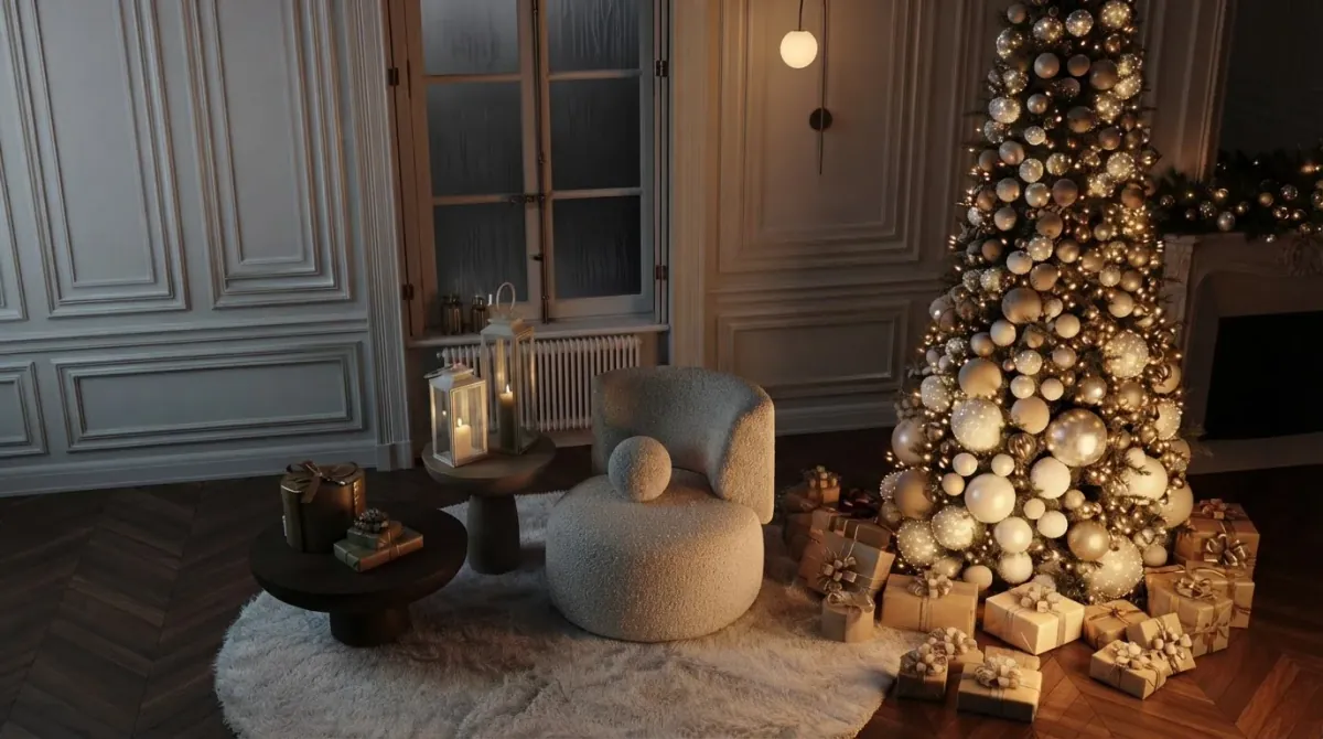 Parisian apartment corner with panelled walls, a gold and cream ornament Christmas tree glowing beside a tall window with a radiator beneath it, a boucle armchair, a lantern, wrapped gifts and a sheepskin rug