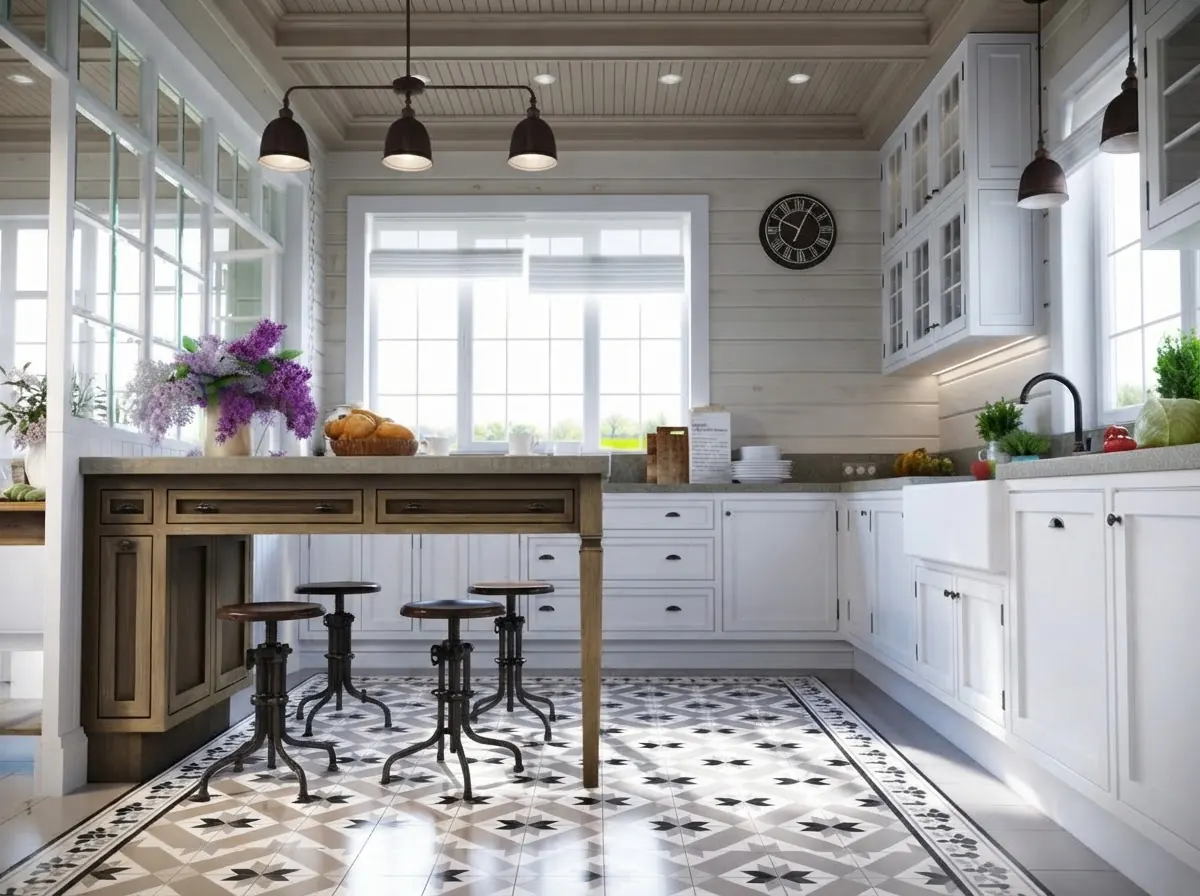 A white farmhouse kitchen with glass-front upper cabinets, a farmhouse sink under a big window, a wooden work table island with iron stools and a patterned black and white tile floor