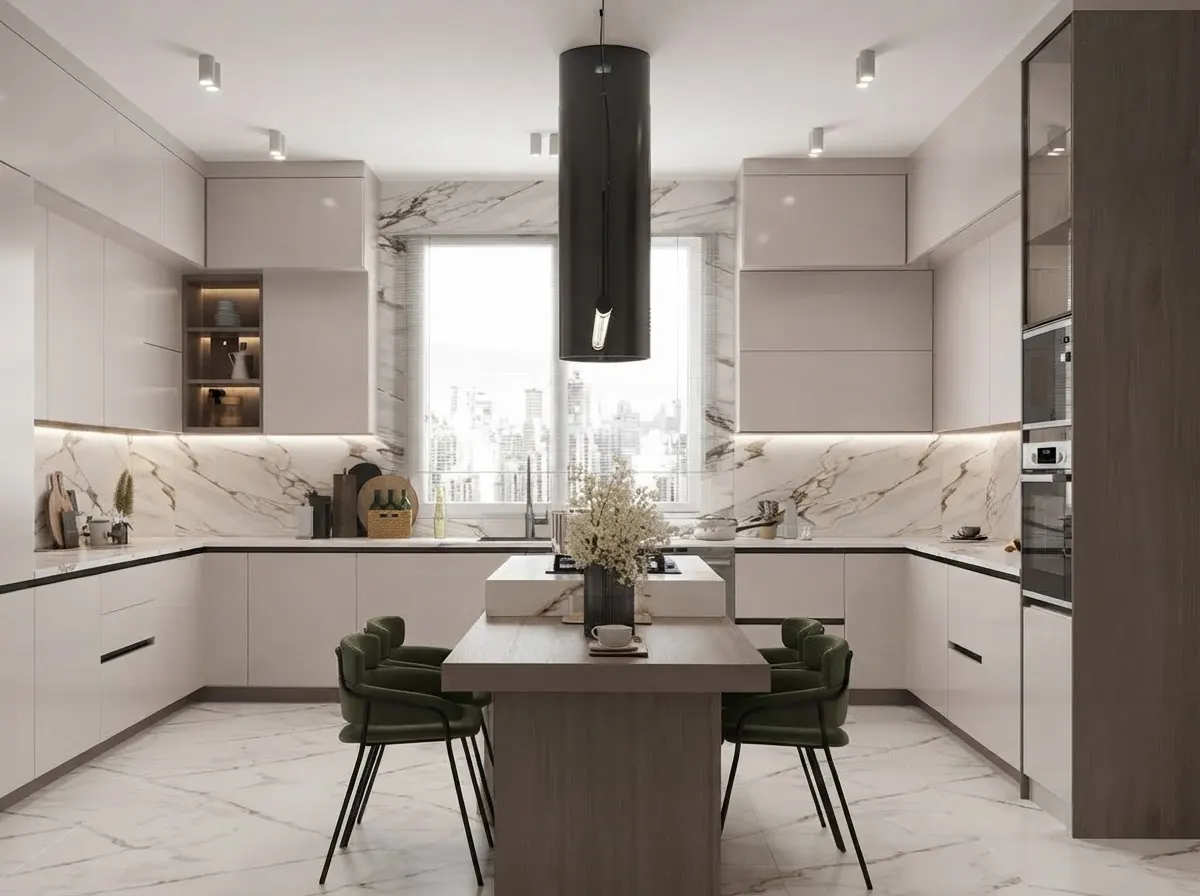 A white U-shaped kitchen with handleless cream cabinets, a white and grey marble backsplash under LED lighting, a black cylinder hood over a small island table and green velvet chairs