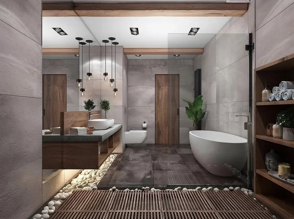 White freestanding oval bathtub behind a black framed glass screen with a pebble floor strip, a plant and a long vanity in a pale bathroom