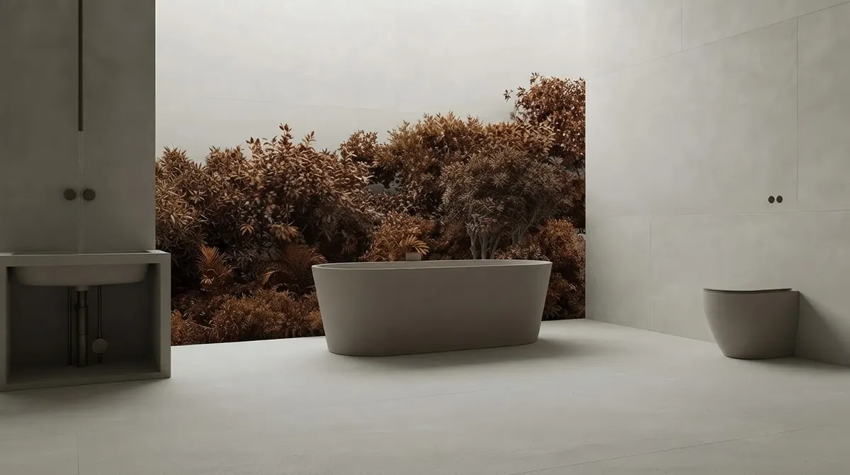 Freestanding sculptural tub in front of a seamless concrete look wall, a bed of rust toned planting behind a low concrete wall, all in warm grey