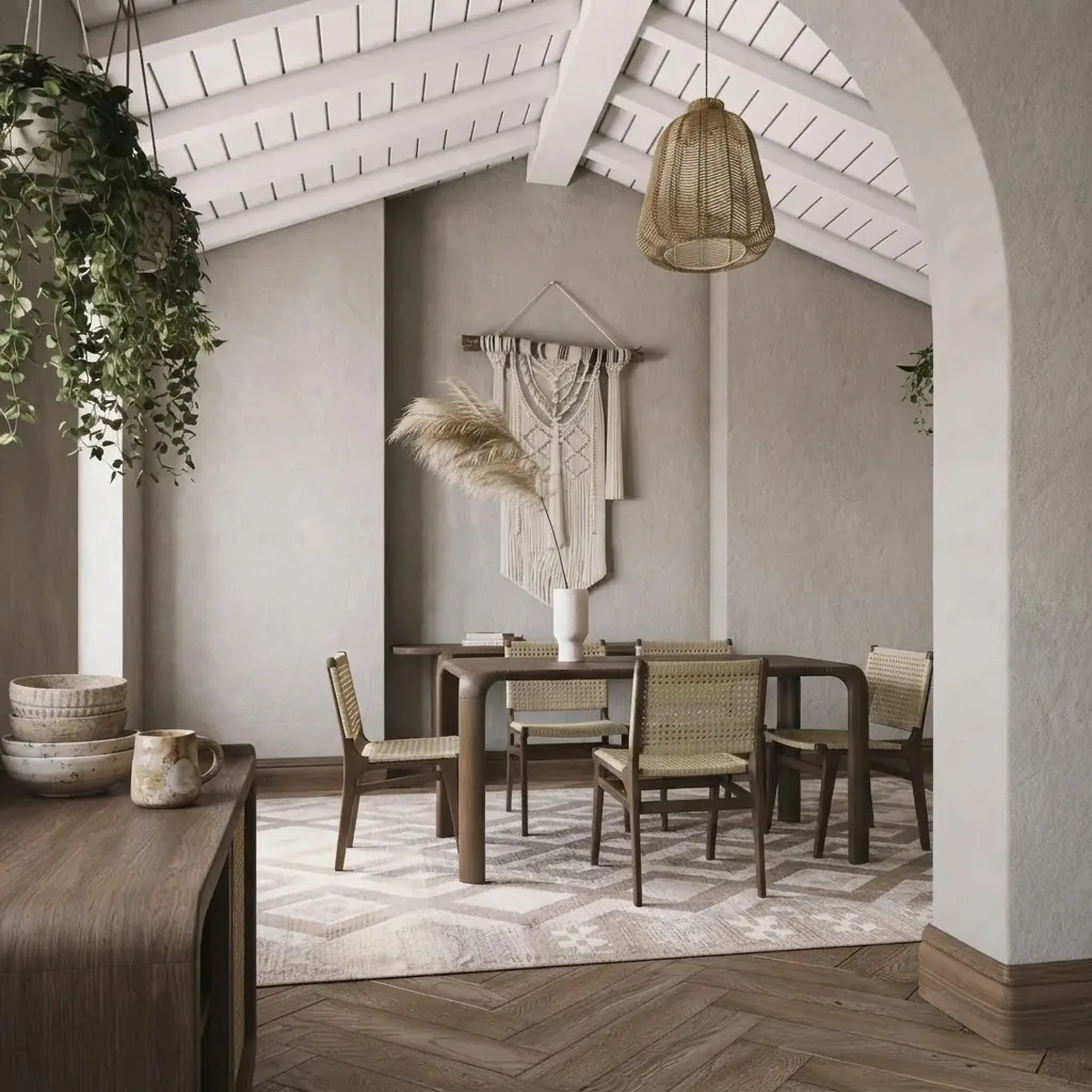 Farmhouse dining room with limewashed grey walls, a plaster arch and rattan chairs